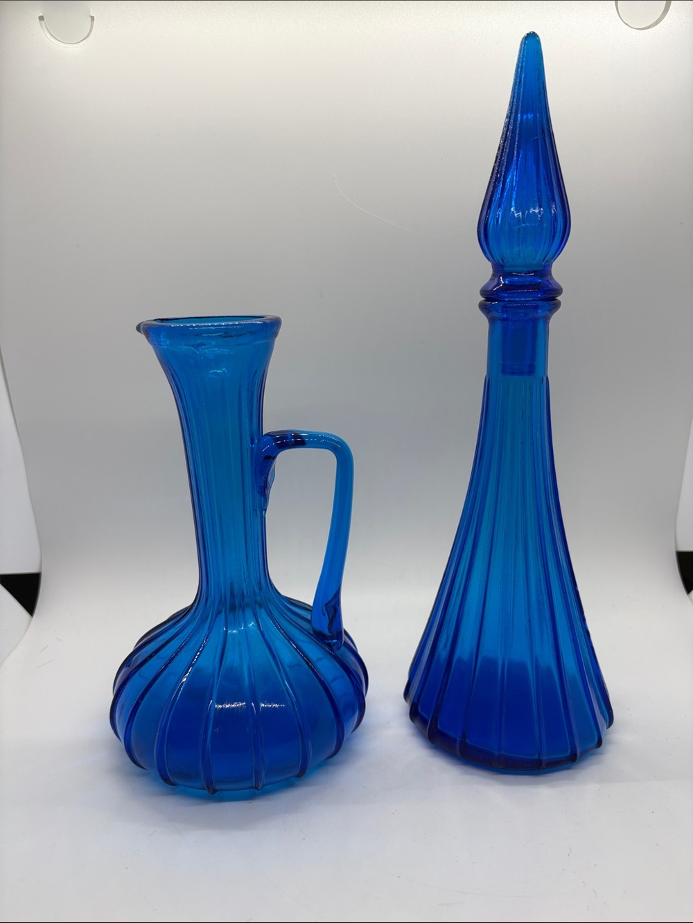 Italian Empoli Vintage Ribbed Decanter and Pitcher Blue